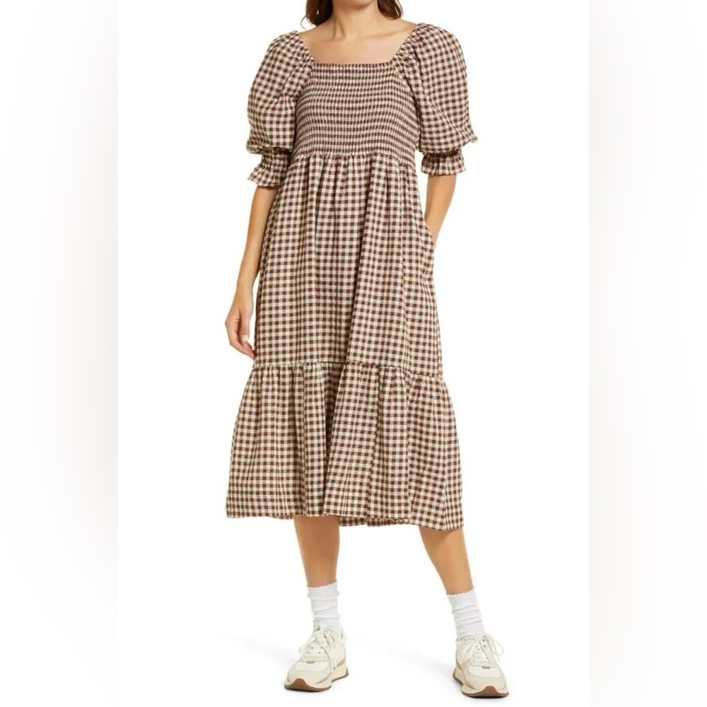 Madewell Lucie Elbow Smocked Midi Dress in Gingham